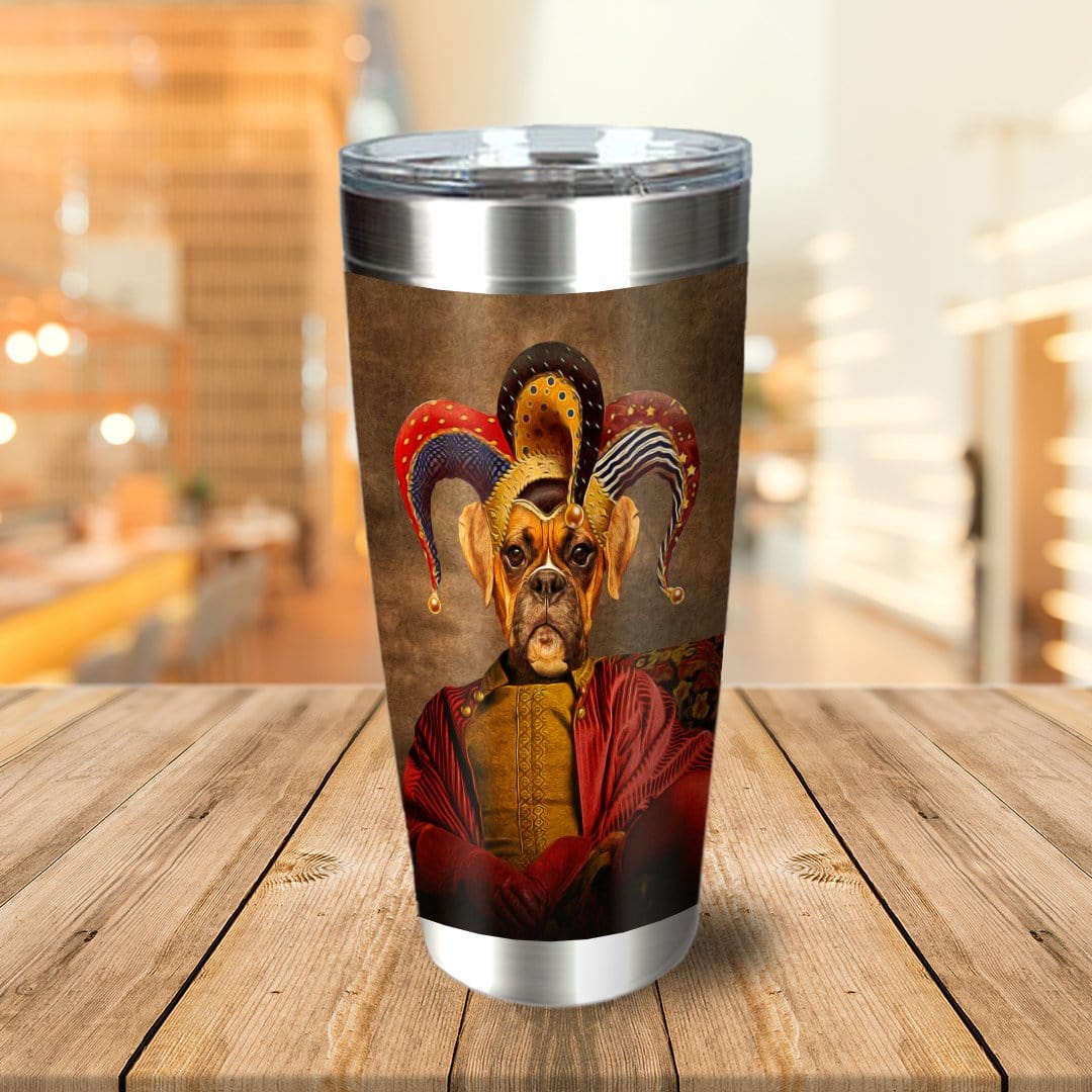 Personalized stainless steel tumbler with a custom Jester-style dog portrait.