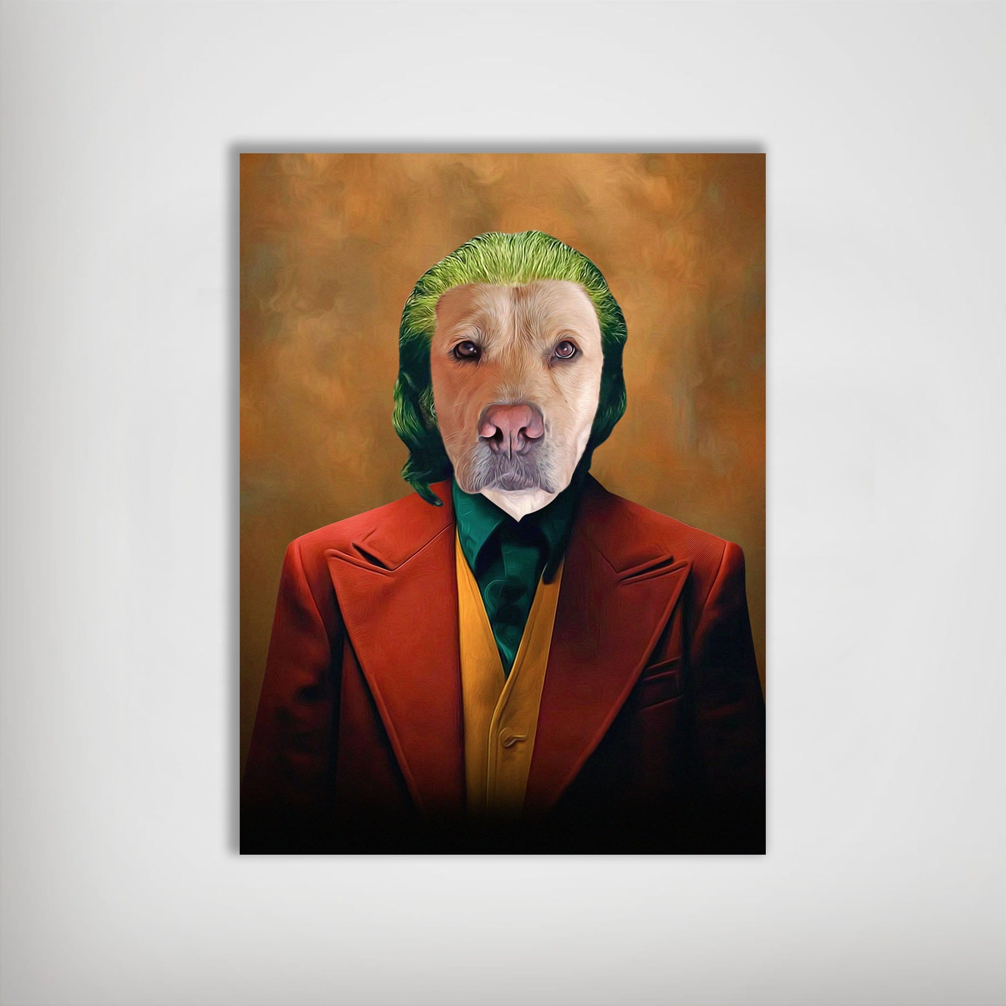 Personalized 'Joker Doggo' pet poster featuring a golden retriever with green hair, wearing a red suit and yellow vest.