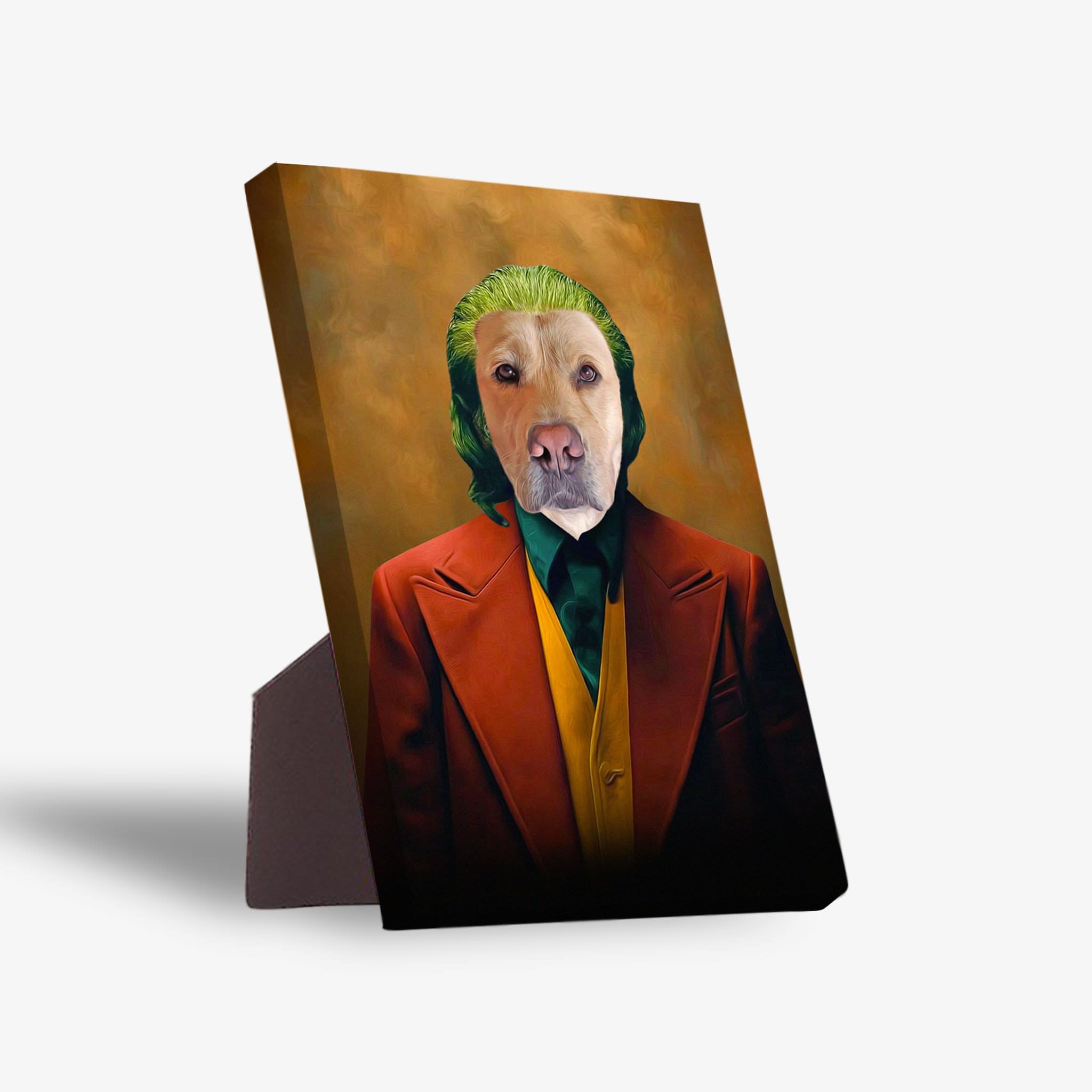 Personalized pet standing canvas featuring a dog dressed as the Joker, with green hair and a red suit.