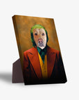 Personalized pet standing canvas featuring a dog dressed as the Joker, with green hair and a red suit.
