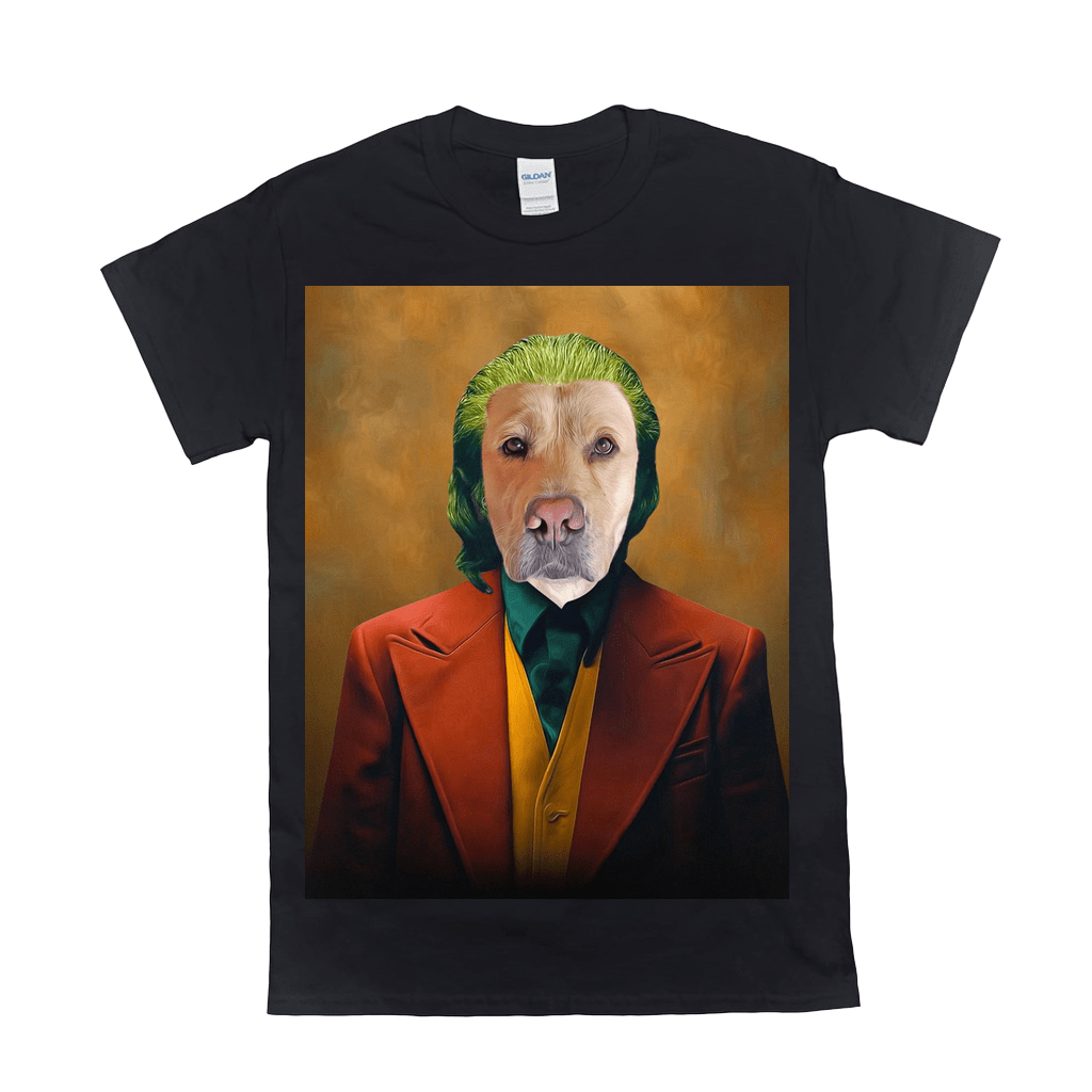 Black Gildan t-shirt featuring a personalized pet portrait of a dog as the Joker with green hair and a red suit.