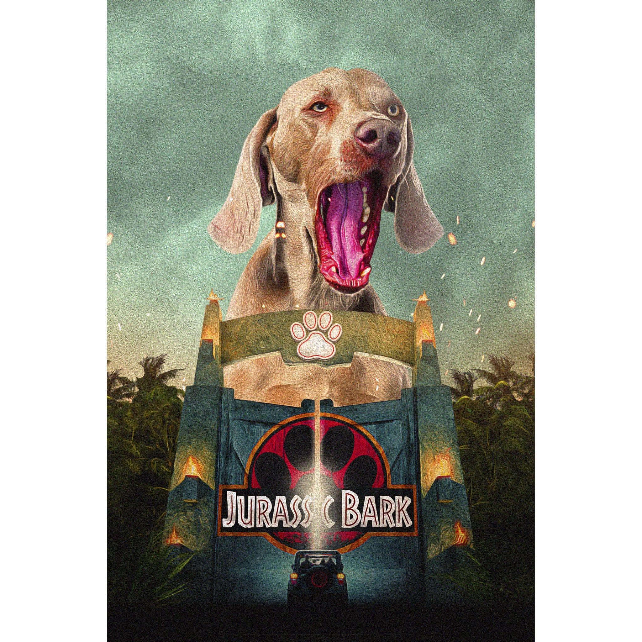Custom digital portrait of a Weimaraner dog roaring over a "Jurassic Bark" park gate.