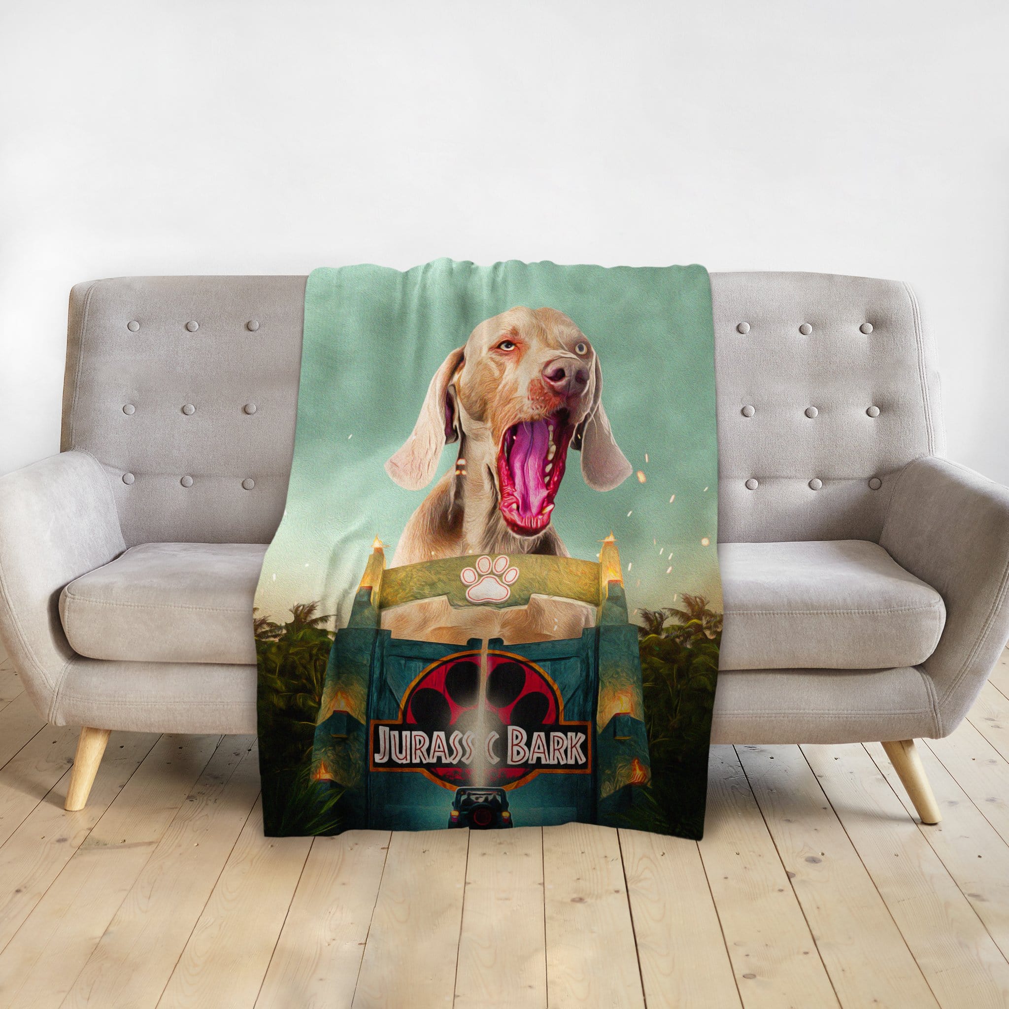 Personalized 'Jurassic Bark' pet blanket with a Weimaraner dog portrait in a movie poster style.