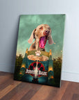 Personalized 'Jurassic Bark' pet canvas featuring a yawning Weimaraner above a dinosaur park gate.