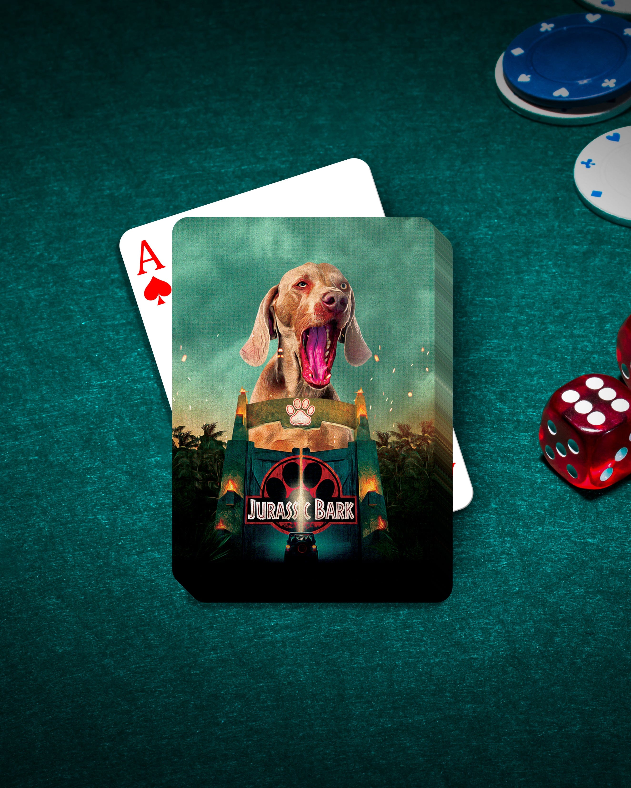 Personalized 'Jurassic Bark' playing cards featuring a custom dog portrait on a green poker table.