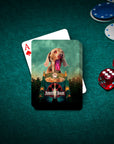 Personalized 'Jurassic Bark' playing cards featuring a custom dog portrait on a green poker table.