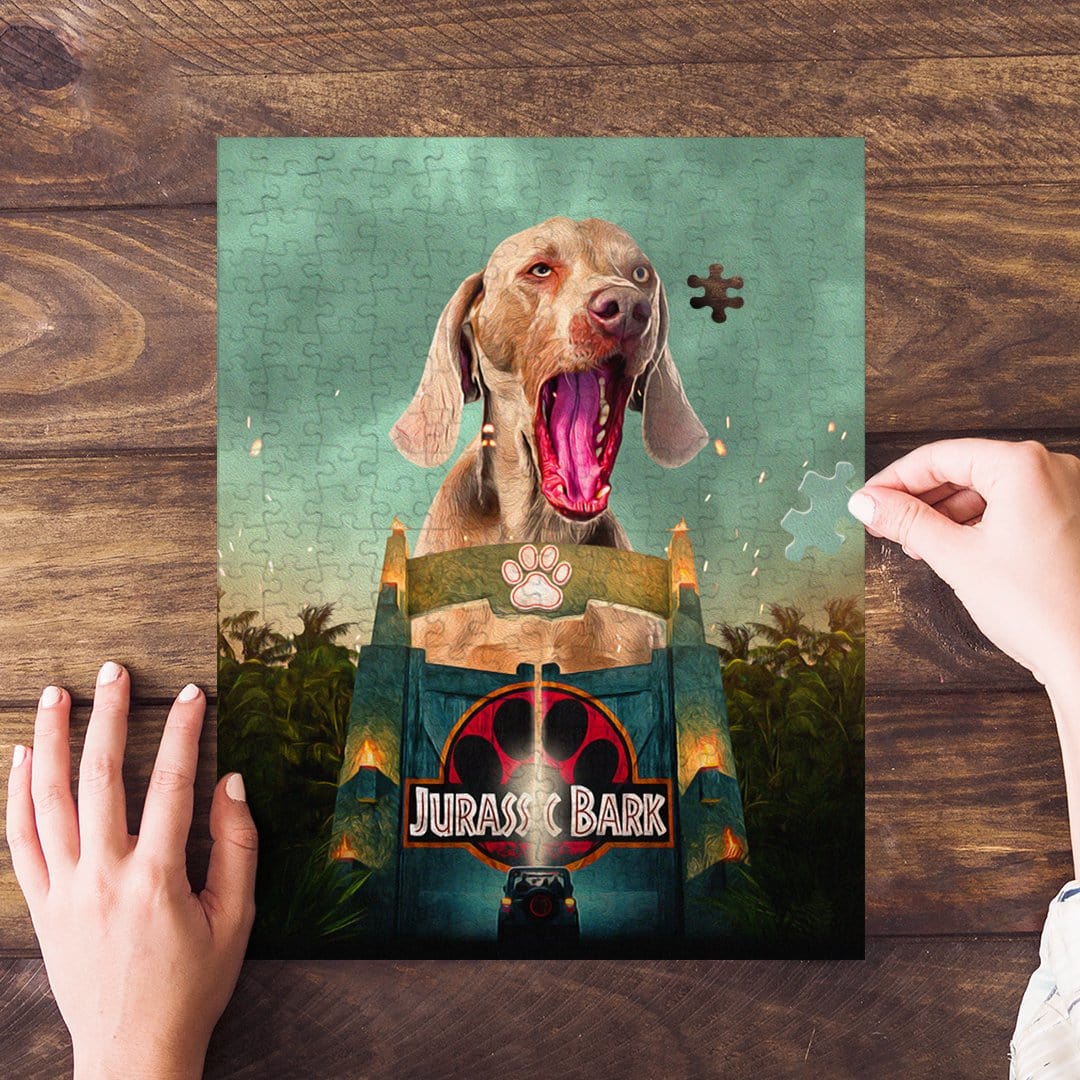 Personalized 'Jurassic Bark' pet puzzle featuring a Weimaraner dog portrait in a movie poster style.