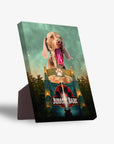Personalized 'Jurassic Bark' standing canvas featuring a yawning Weimaraner dog portrait in a jungle scene.