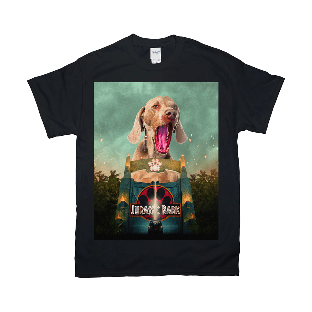 Black Gildan t-shirt with a "Jurassic Bark" design featuring a Weimaraner dog.
