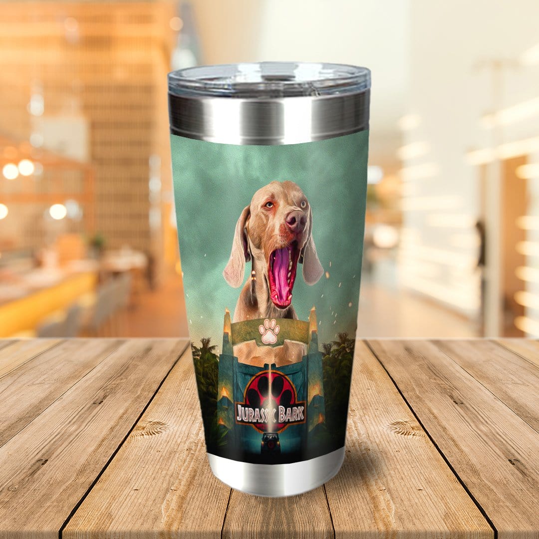 Personalized stainless steel tumbler with a custom dog portrait in a "Jurassic Bark" movie poster style.