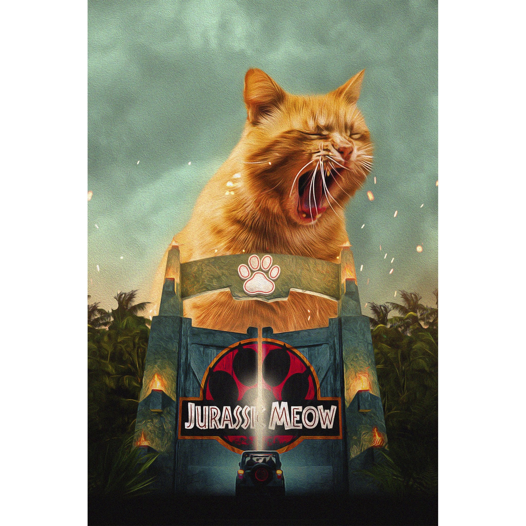 Custom 'Jurassic Meow' digital portrait featuring a giant yawning orange cat above a Jurassic Park-style gate.