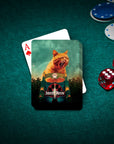 Personalized "Jurassic Meow" playing cards featuring a custom pet portrait of an orange cat.