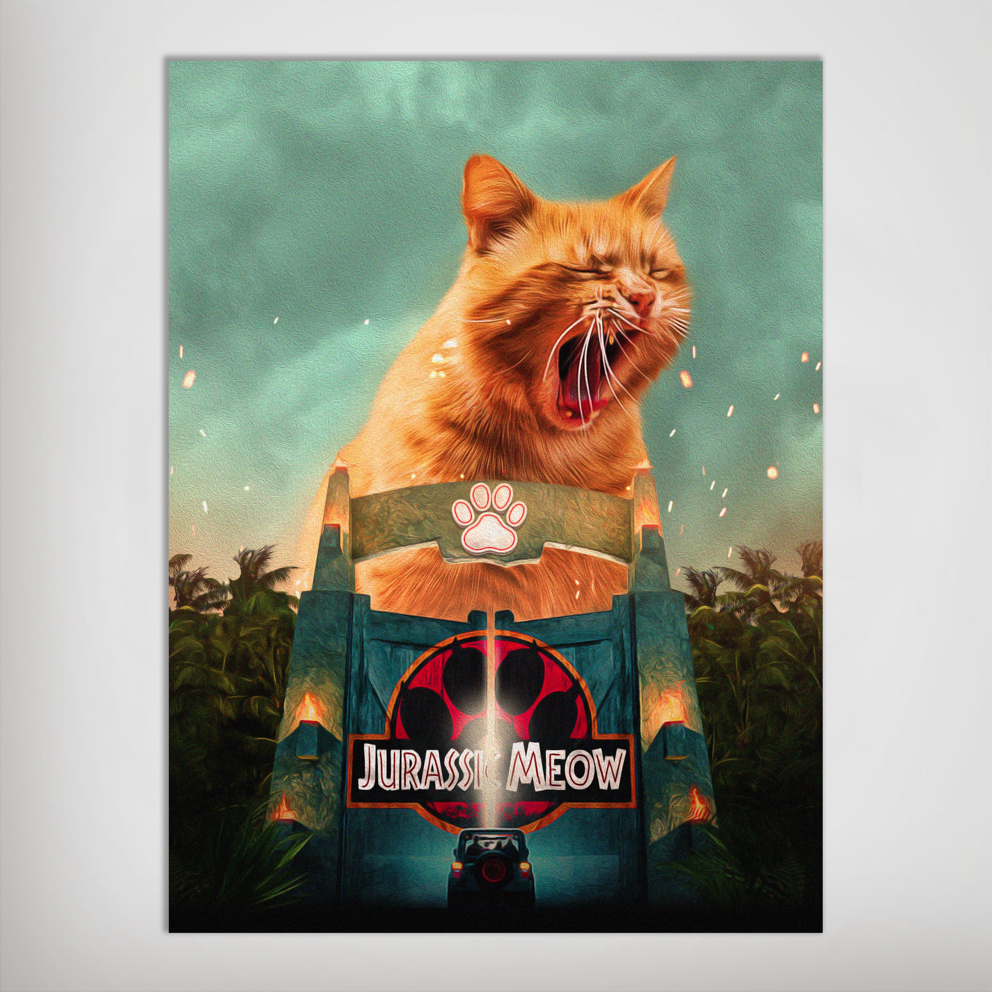 Personalized 'Jurassic Meow' poster featuring a giant yawning orange cat above a Jurassic Park-style gate.