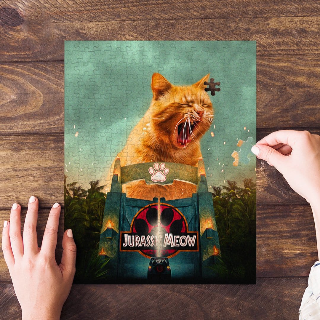 Personalized 'Jurassic Meow' pet puzzle featuring an orange cat yawning, with a hand placing a piece.