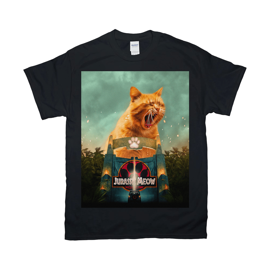Black Gildan t-shirt with a "Jurassic Meow" design featuring a giant orange cat roaring over a park gate.