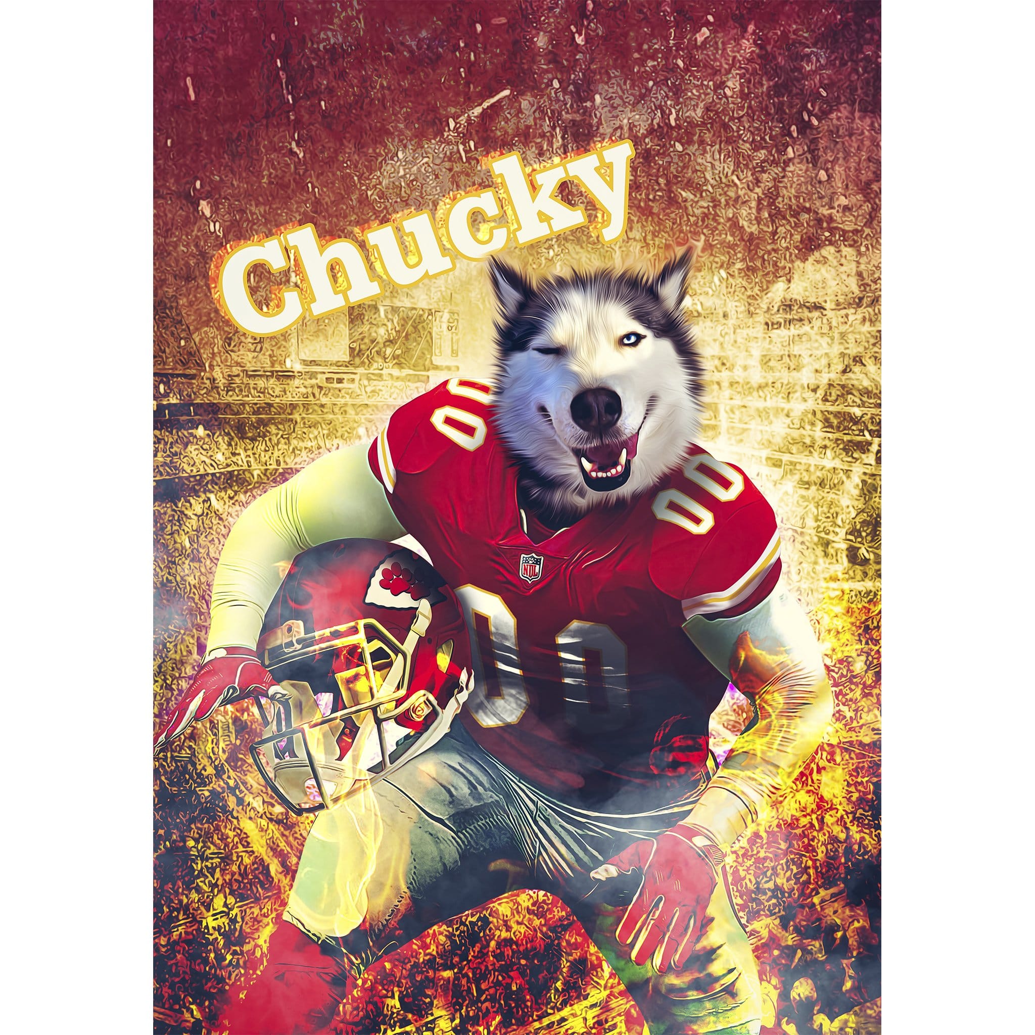 Personalized digital portrait of a husky dog in a Kansas City Chiefs football uniform.