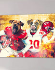 Custom canvas of two dogs in Kansas City Chiefs football uniforms, holding helmets, with a fiery background.