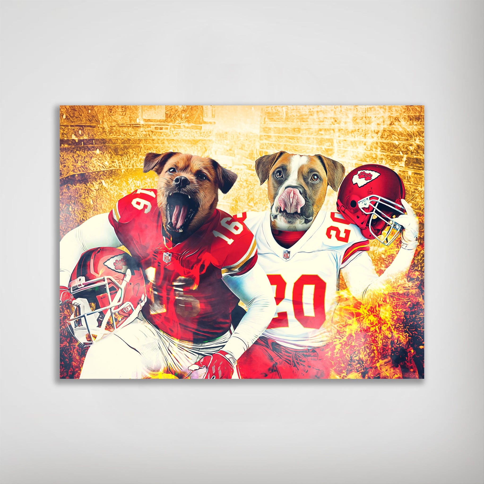 Personalized poster featuring two dogs in red and white Kansas City Chiefs football uniforms with helmets.