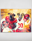 Personalized poster featuring two dogs in red and white Kansas City Chiefs football uniforms with helmets.