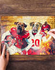 Personalized 2 pet puzzle featuring dogs in Kansas City football uniforms, being assembled on wood.