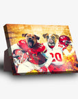 Personalized standing canvas featuring two dogs in red and white football jerseys with helmets, against a fiery stadium background.