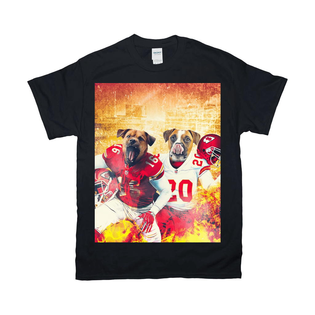 Black Gildan t-shirt featuring two dogs in Kansas City Chiefs football uniforms with helmets, against a fiery background.