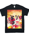 Black Gildan t-shirt featuring two dogs in Kansas City Chiefs football uniforms with helmets, against a fiery background.