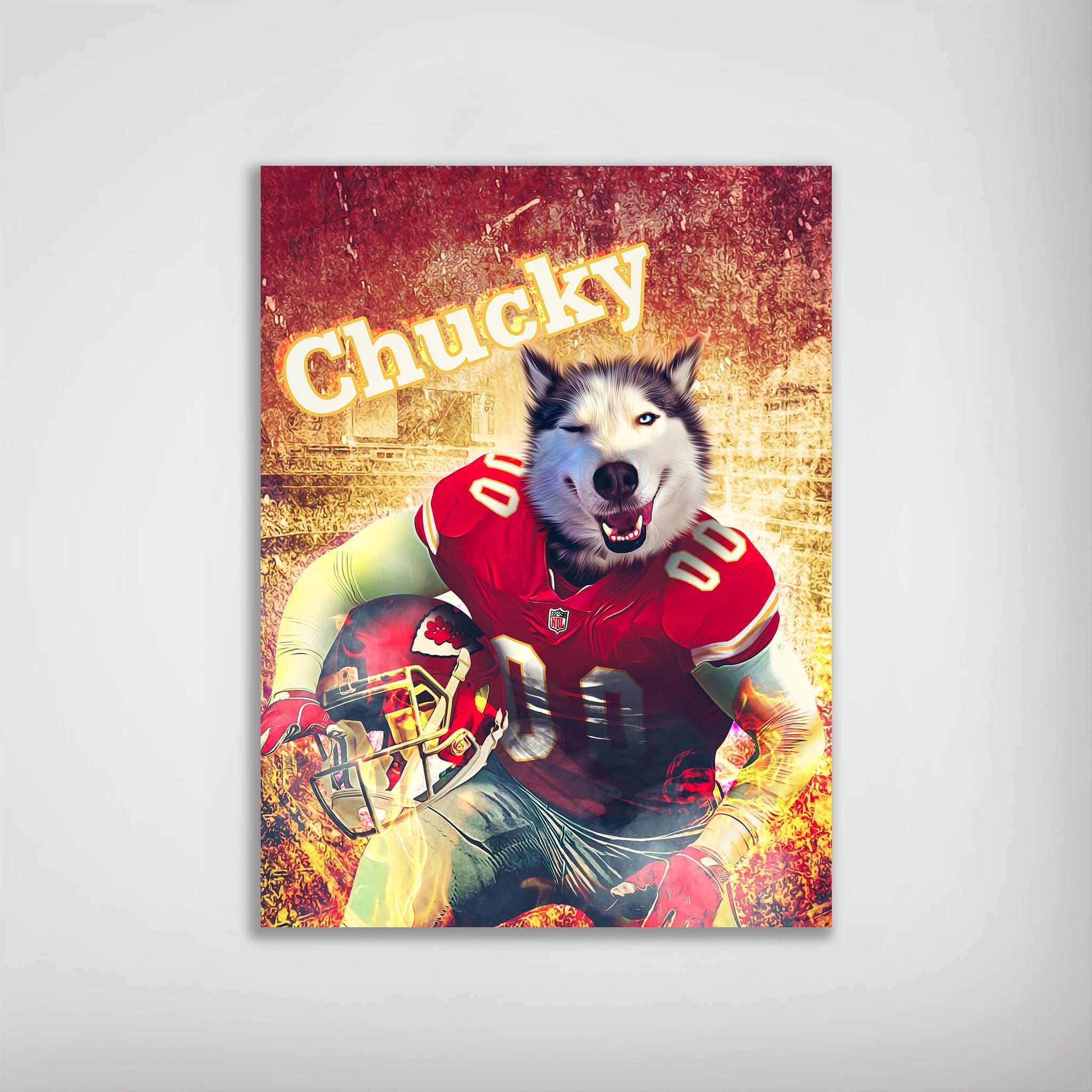 Personalized "Kansas City Doggos" poster featuring a husky in a red football uniform, holding a helmet.