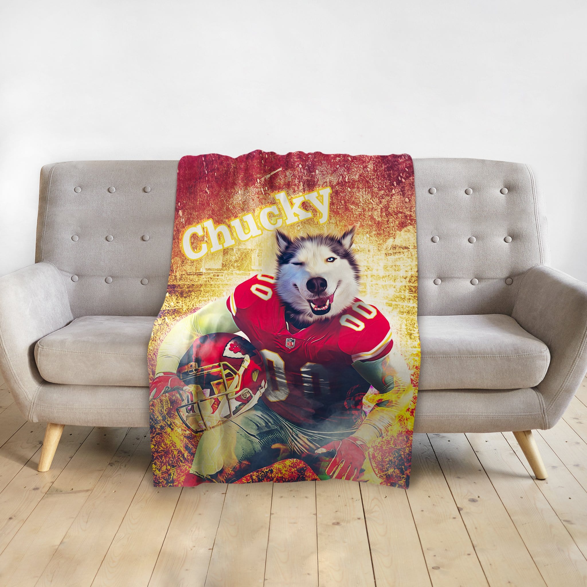 Personalized pet blanket with a husky dog in a red football uniform, named "Chucky.