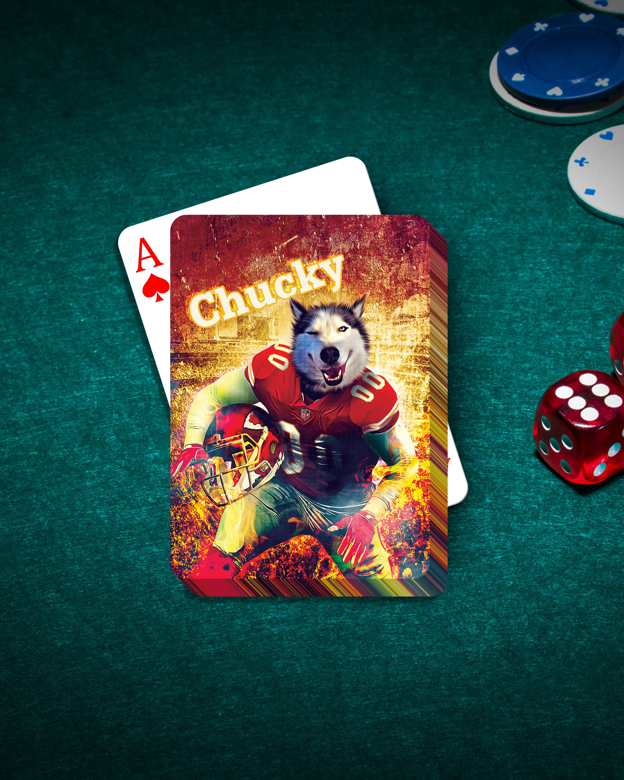 Personalized playing card featuring a husky dog as a football player, with an Ace of Hearts behind it.