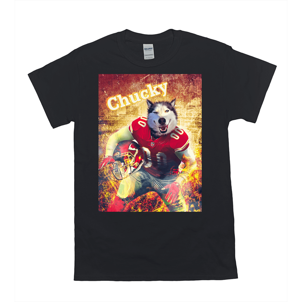 Black Gildan unisex t-shirt featuring a personalized wolf in a red football uniform with "Chucky" above.
