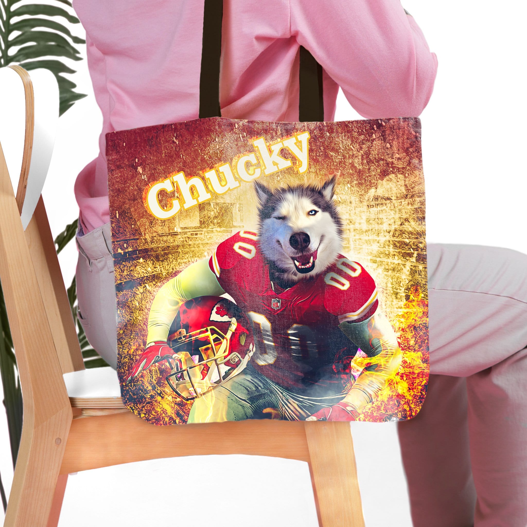 Personalized tote bag with a husky pet portrait in a Kansas City football uniform, named Chucky.