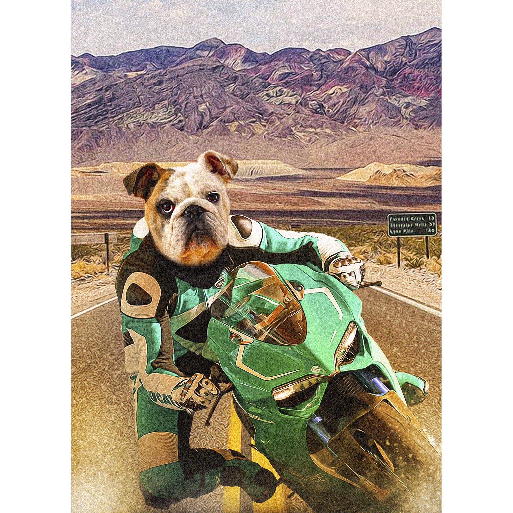 Custom digital portrait of a bulldog riding a green motorcycle on a desert road.
