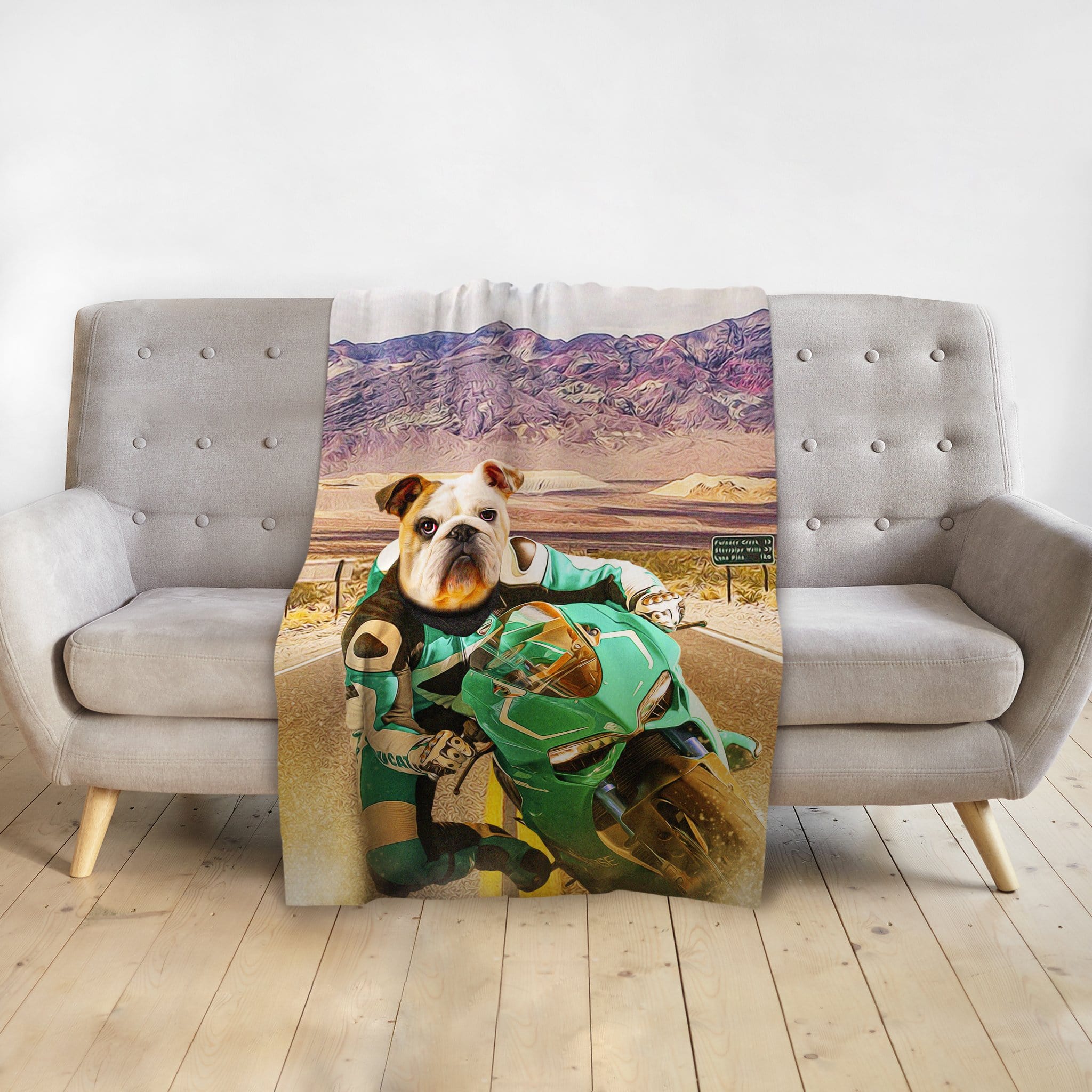 Personalized pet blanket with a bulldog in a green motorcycle suit riding a green sport bike on a desert road.