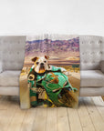 Personalized pet blanket with a bulldog in a green motorcycle suit riding a green sport bike on a desert road.