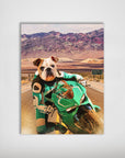 Personalized matte poster featuring a bulldog in green racing gear on a motorcycle with a desert mountain background.