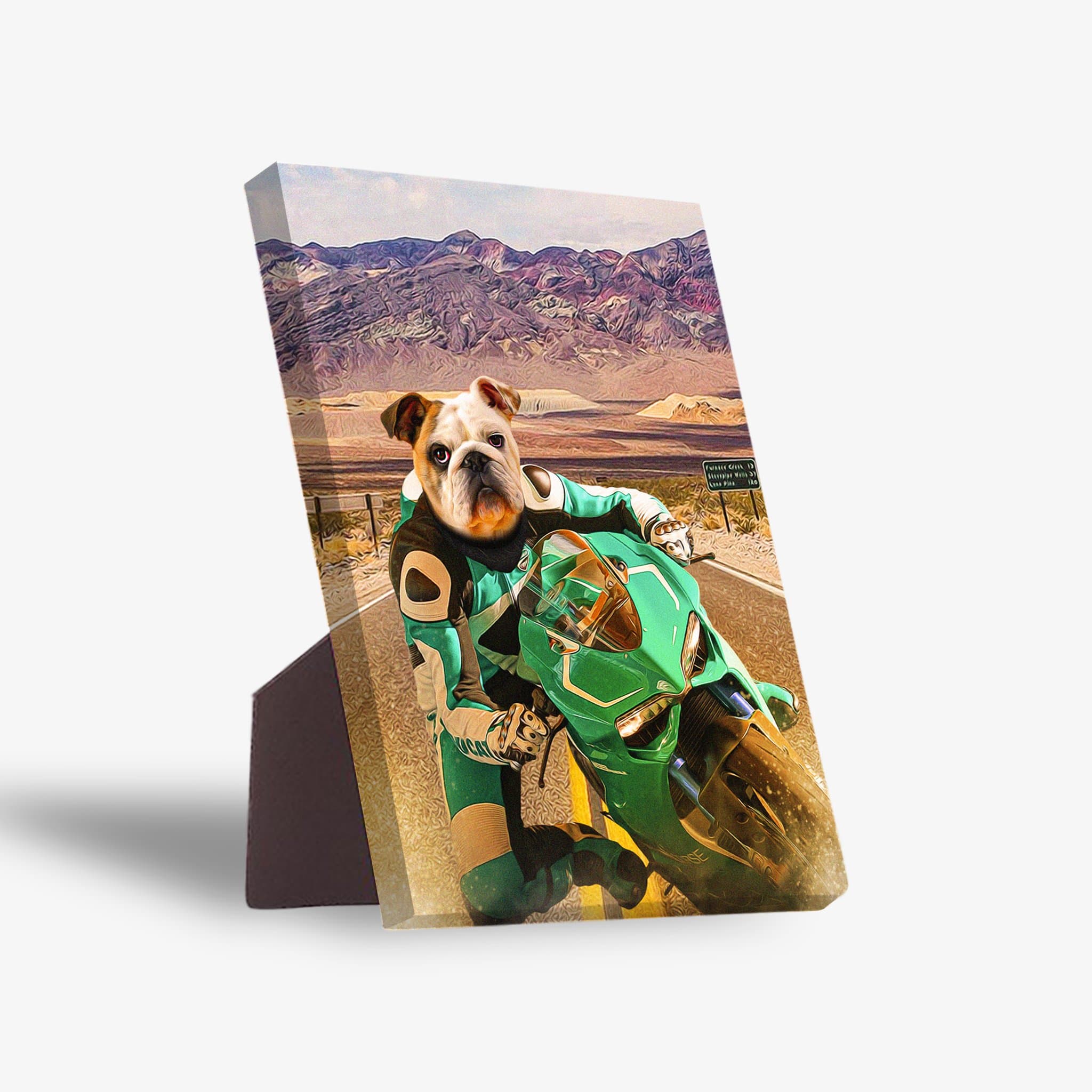 Personalized pet standing canvas featuring a bulldog in a green motorcycle suit riding a green sport bike.