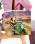 Personalized tote bag with a bulldog pet portrait riding a green motorcycle in a desert landscape.