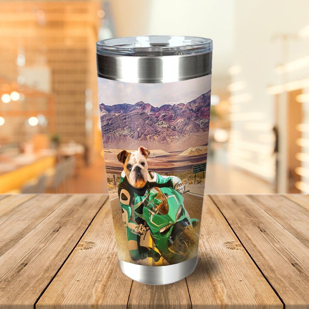 Personalized stainless steel tumbler with a bulldog pet portrait riding a green motorcycle in a desert landscape.