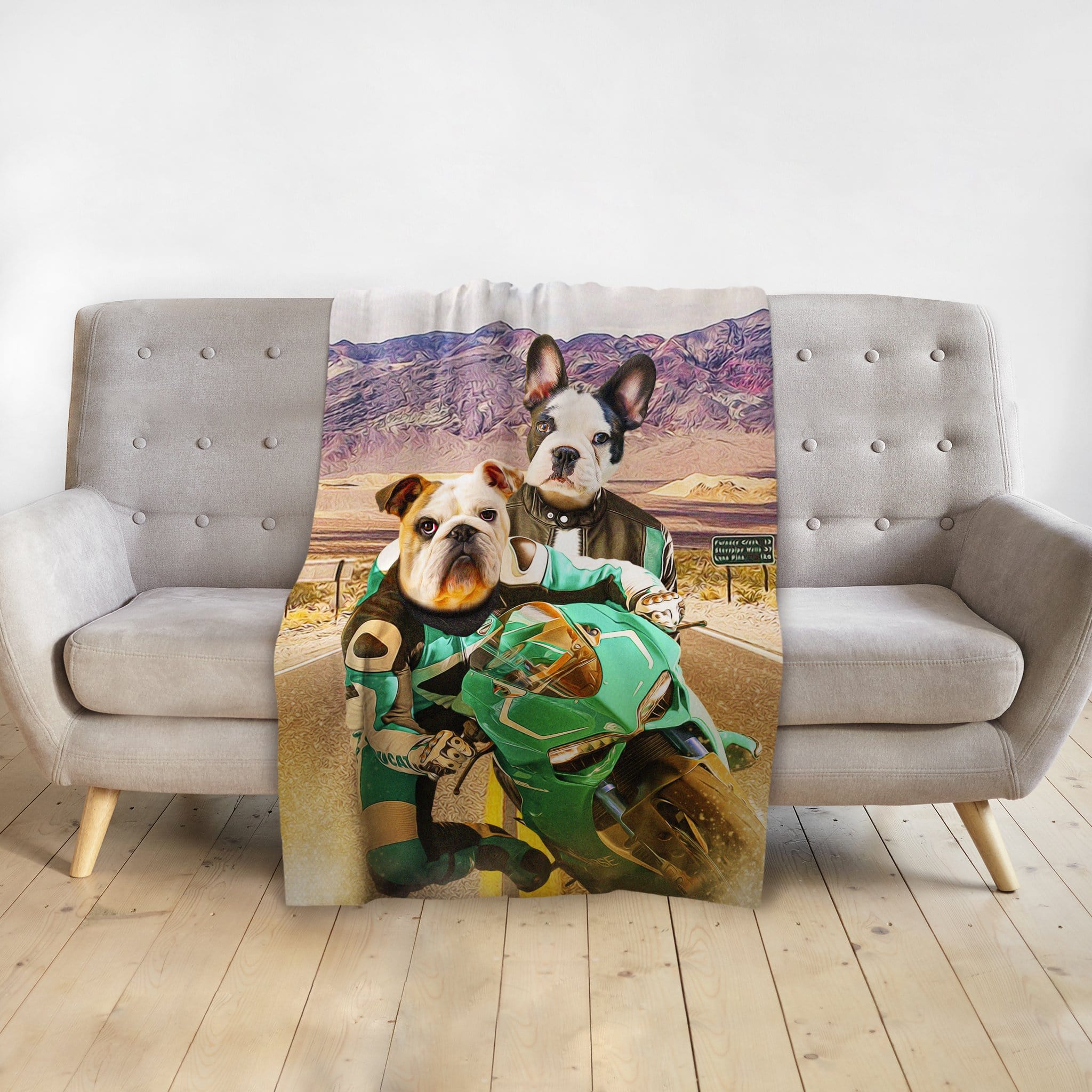Personalized pet blanket with two dogs in motorcycle gear on a green bike, desert background.