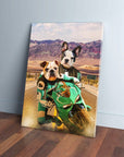 Personalized canvas art featuring two dogs, a bulldog and a French bulldog, riding a green motorcycle.