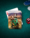 Personalized playing cards featuring two dogs on a motorcycle, with poker chips and dice on a green felt table.