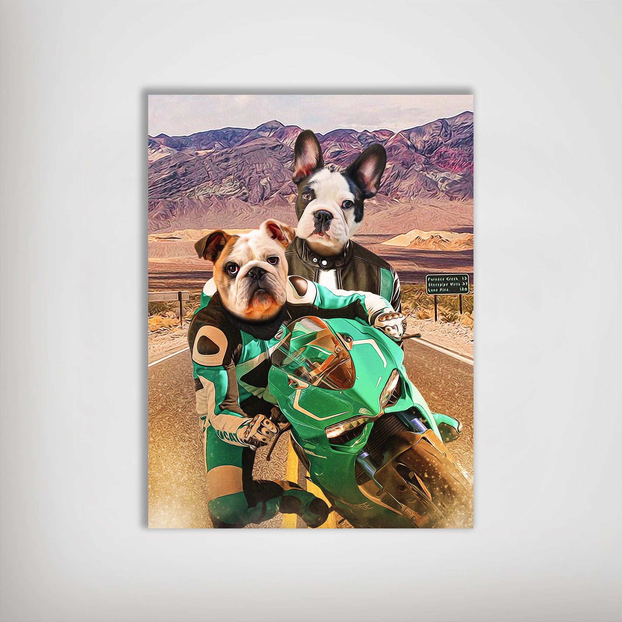 Personalized 'Kawadawgi Riders' poster featuring two pets as motorcycle racers in green and black gear.
