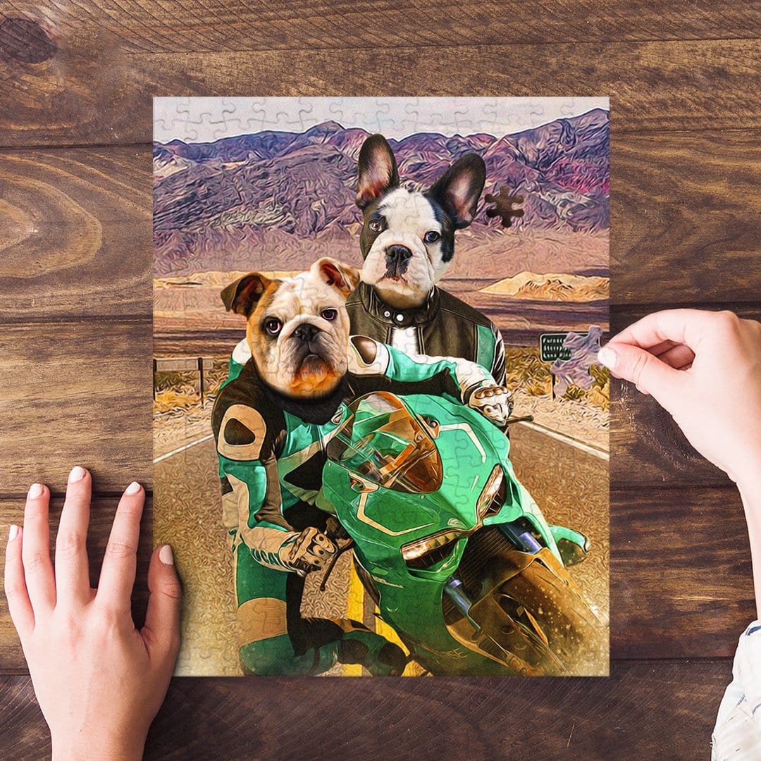 Personalized 2 pet puzzle featuring a bulldog and French bulldog on a green motorcycle.