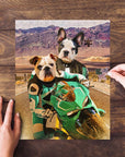 Personalized 2 pet puzzle featuring a bulldog and French bulldog on a green motorcycle.