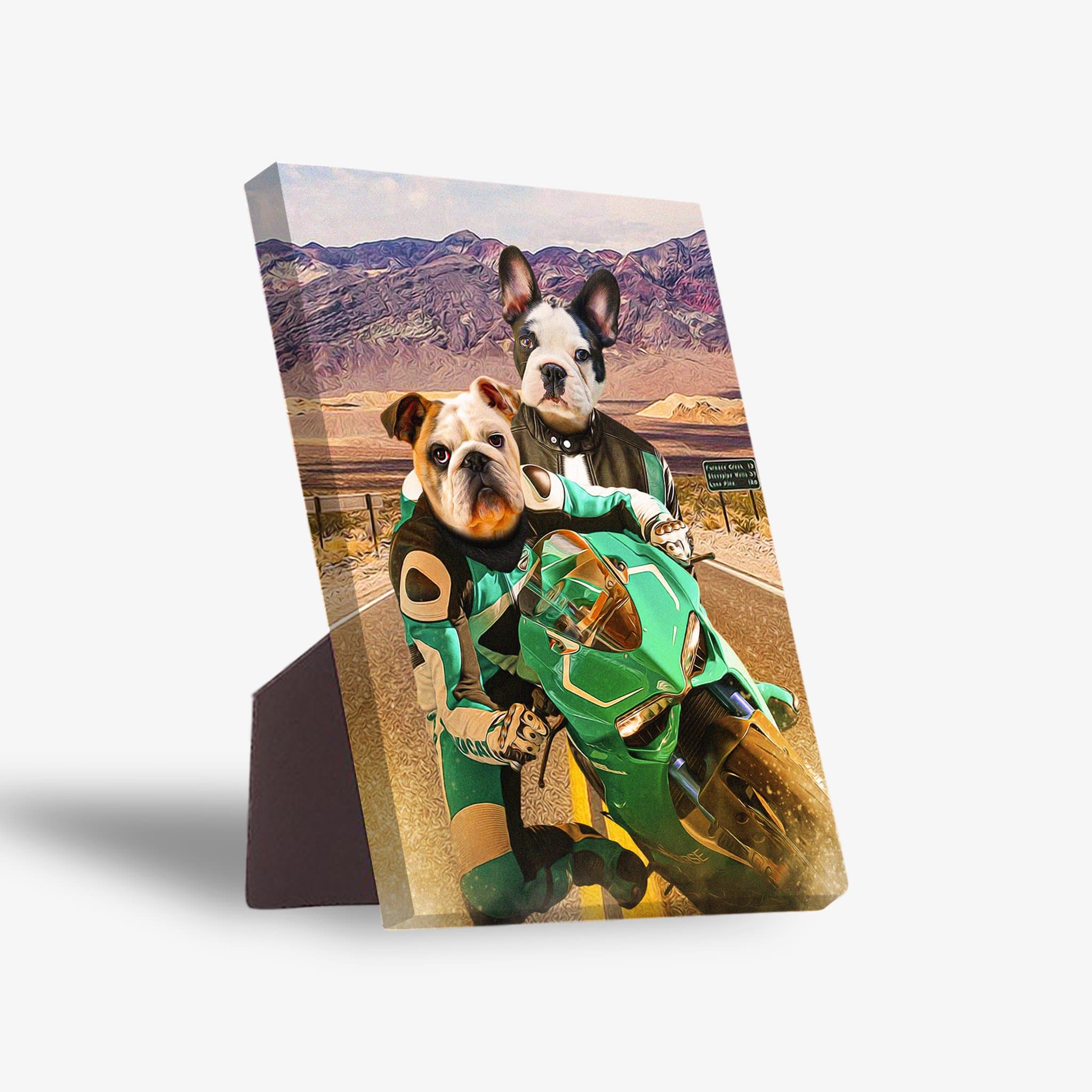 Personalized 'Kawadawgi Riders' standing canvas featuring two pets on a green motorcycle in a desert landscape.