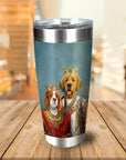 Personalized stainless steel tumbler with two pet portraits in royal Renaissance king and queen costumes.