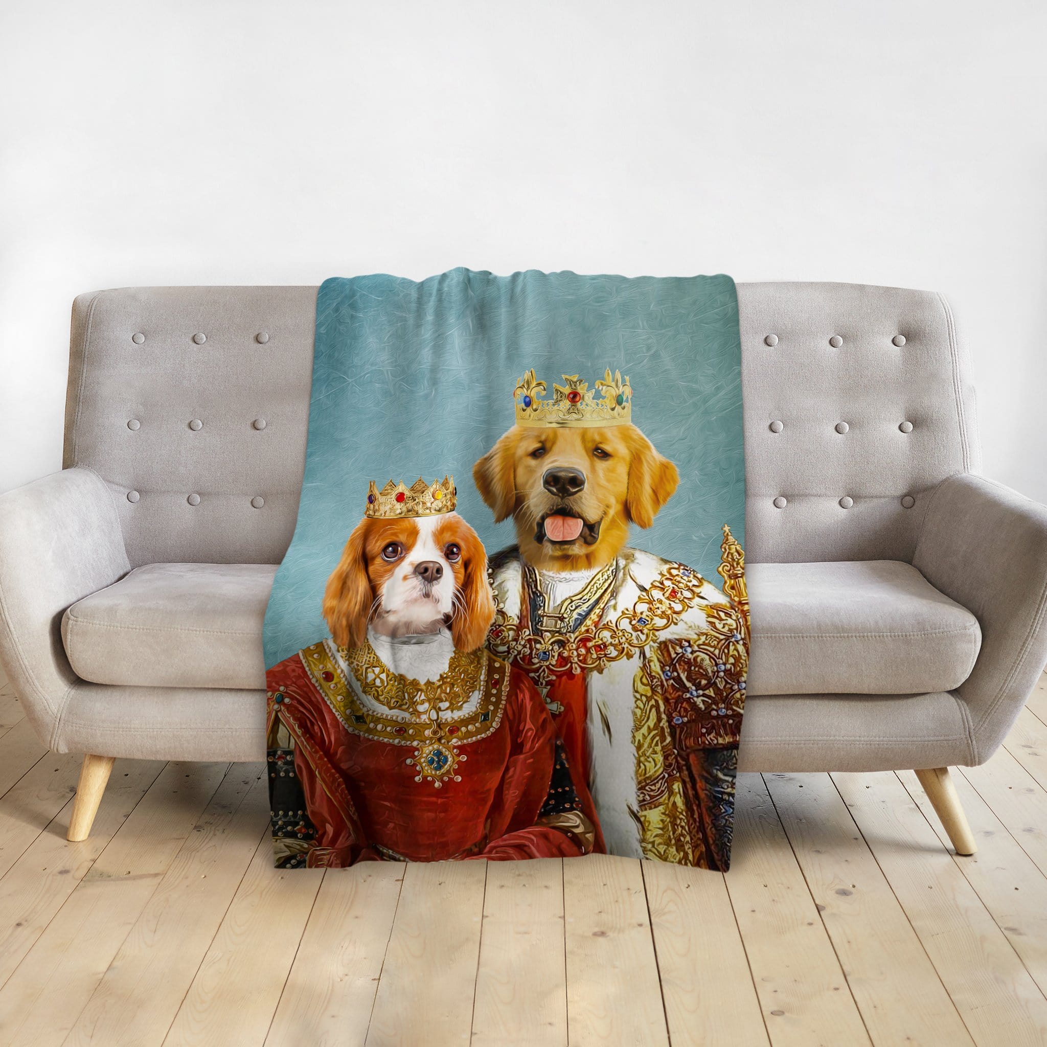Personalized 2 pet blanket with a Cavalier King Charles Spaniel and Golden Retriever in royal renaissance portraits.