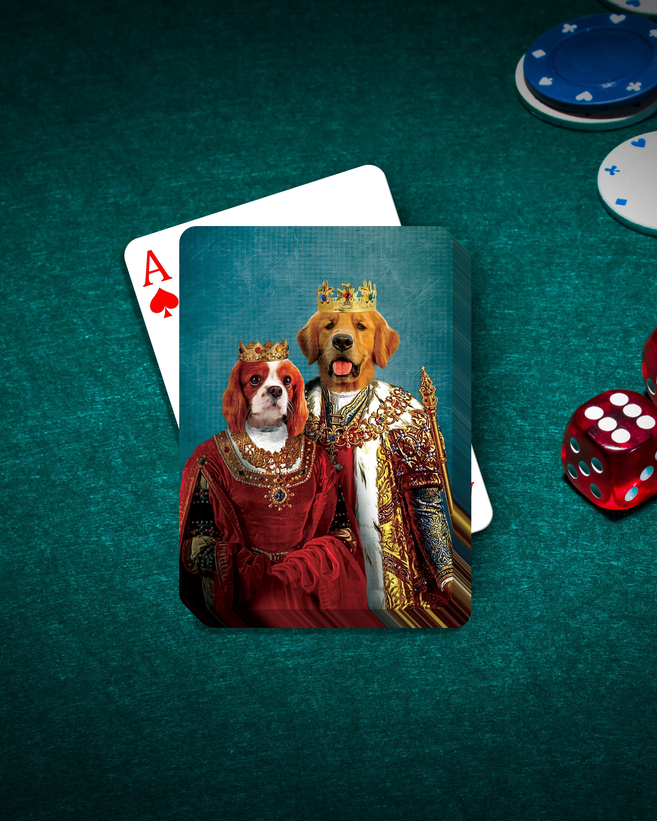 Personalized playing cards featuring two pets, a Cavalier King Charles Spaniel and a Golden Retriever, as royal portraits.