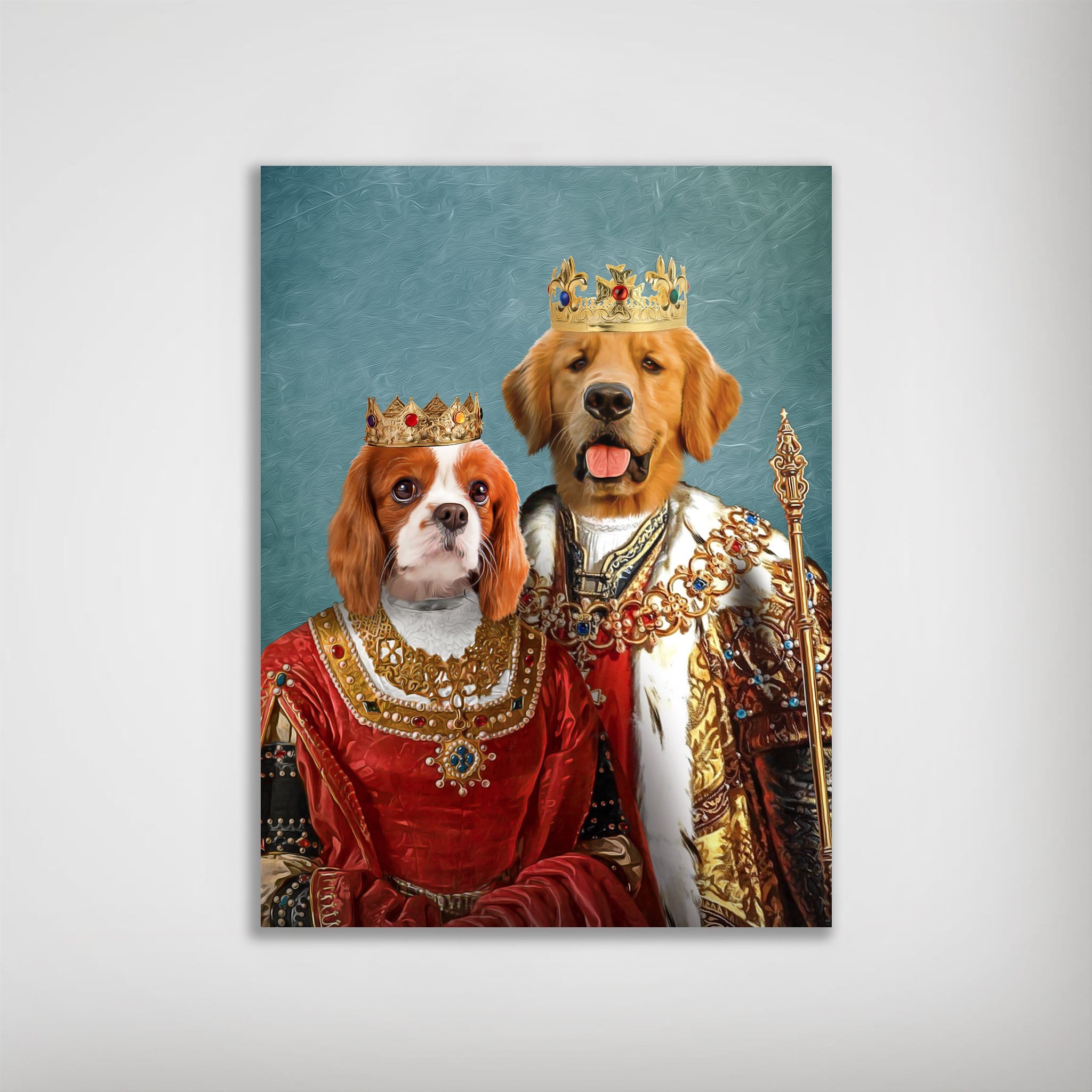 Personalized "King and Queen" pet poster featuring a Cavalier King Charles Spaniel and a Golden Retriever in royal attire.